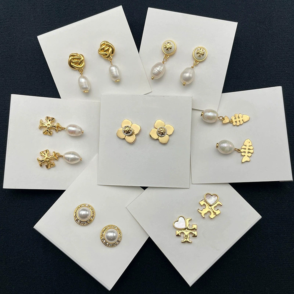 Tory Burch Gold Plated Double Logo Freshwater Pearl Stud Earrings
